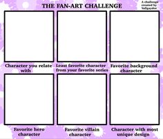 the fan art challenge is shown in purple and white, with four squares on each side