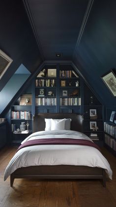 Cozy Atmosphere with Dark Attic Bedroom Designs Dark Attic Room, Moody Bedroom Slanted Ceiling, Dormered Bedroom Ideas, Attic Ceiling Ideas Slanted Walls, Dark Attic Bedroom, Wallpaper Attic, Modern Attic Bedroom, Dormer Bedroom Ideas, Bedroom With Slanted Ceiling