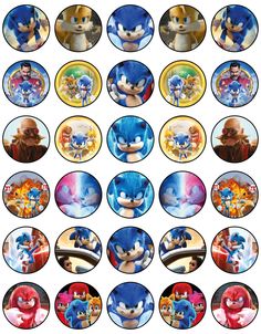 sonic the hedgehog cupcake toppers are shown in various sizes and colors, including blue