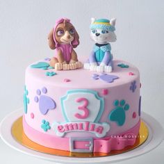 a birthday cake with a dog and cat on top