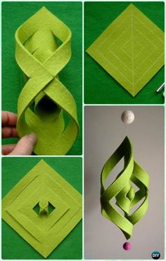 the steps to make an ornament out of green paper are shown in four different stages