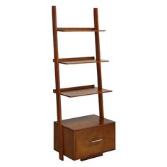 a tall wooden shelf with drawers on it