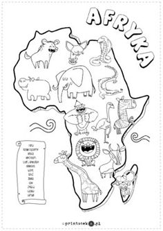 an africa map with animals and numbers on it, as well as the names for each country