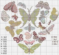 a cross stitch pattern with flowers and butterflies on it's side, in the shape of a heart