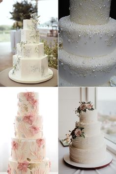 four different types of wedding cakes with flowers and pearls on the top one is white