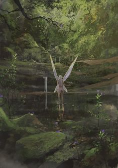 an artistic painting of a woman in the water with wings outstretched, surrounded by greenery