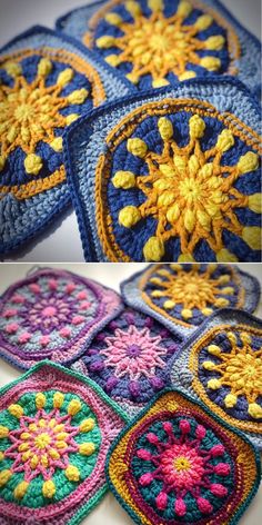 crocheted coasters with different colors and designs on them are shown in three rows