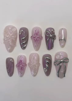 ✴ Hand painted ✴ Reusable ✴ High Quality ✴ Available in different colors, sizes and shapes (on request) IMPORTANT - PLEASE READ BEFORE PURCHASING All sets are made with GEL nail polish. These nails are reusable, if you take it off right. For instruction, please message me Each set comes with 10 handmade press on nails, a mini file, a mini buffer, a cuticle stick, a nail glue, Double Sided Adhesive Tape Glue, Alcohol Pad 1. Measurements Please measure your own nail and find your size from our pic Lavender Oval Nails, Purple Flower Nails Acrylic, Purple Silver Nails, Lilac Chrome Nails, Y2k Nails, Nail Sizes, Luxury Nails, Floral Nails, Cute Nail Designs