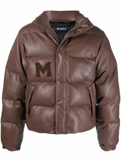 medium brown padded design logo patch to the front high neck concealed front fastening long sleeves two side zip-fastening pockets When buying this unisex item, keep in mind that it is graded in standard men's sizing. Designer Fitted Brown Outerwear, Luxury Brown Hooded Jacket For Streetwear, Luxury Brown Leather Outerwear, Luxury Brown Hooded Puffer Jacket, Luxury Brown Fluffy Outerwear, Brown Faux Leather Jacket, Faux Leather Jacket Women, Leather Puffer Jacket, Png Clothes