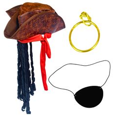 PRICES MAY VARY. SET INCLUDES - Brown leather appearing Tricorner hat with attached Dreadlocks wig and red bandana to make you look as real as it can get. Also comes with a fabric black eyepatch , and a gold clip-on hoop earring. SIZE - The pirate costume set is designed to fit most kids & adults and teens men, women, boys, and girls. and includes a polyester brown distressed leather tricorner hat with Dreadlocks braids, an pirate eye patch, and an earring. FULL KIT - The Caribbean Pirate tricor Tricorner Hat, Halloween Pirate Costume, Pirate Costume Accessories, Jack Sparrow Costume, Pirate Themed Birthday Party, Pirate Eye, Dreadlocks Braids, Tricorn Hat, Pirate Costumes