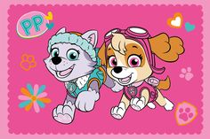 two cartoon dogs on a pink background with hearts and paw patrol characters in the background