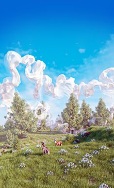 two horses are grazing in a field with white fabric blowing from them's tails