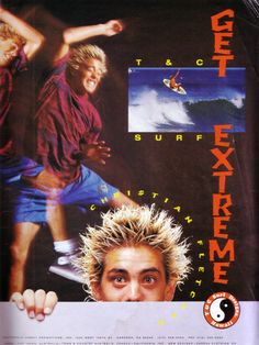 an advertisement for surf and extreme featuring two young men in red shirts with blonde hair