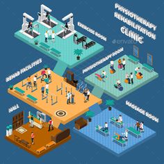 people are doing different activities in the gym info graphic design, flat 3d illustration on blue background