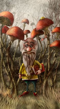 a painting of an old man standing in the middle of a forest filled with mushrooms