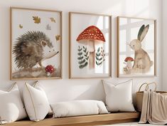 three framed pictures hang on the wall above a bench with white pillows and decorative items