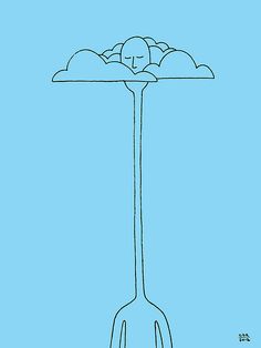 a drawing of a fork with clouds on the top and bottom, against a blue background