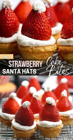 strawberry santa hats Santa Hats With Strawberries, Santa Hat Strawberries, Christmas Theme Snacks, Santa Hat Dessert, Cheesecake Santa Hats, Strawberry Christmas Desserts, Mini Cake Bites, Strawberry Cake Bites, Strawberry Hats