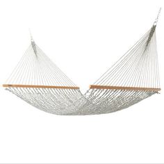 a large white hammock hanging from a wooden pole on a white background with clippings