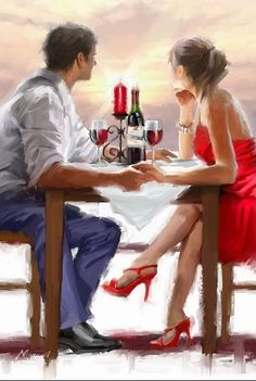 a man and woman sitting at a table with wine