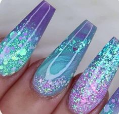 Fancy Nails Designs, Cute Acrylic Nail Designs, Mermaid Nails, Nail Designs Glitter, Coffin Nails Designs, Dope Nails, Best Acrylic Nails, Purple Nails