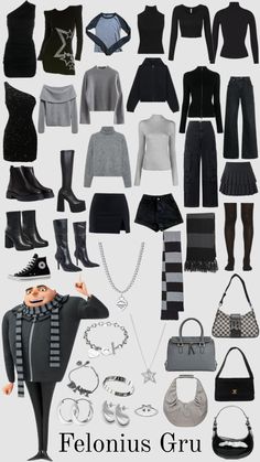 an image of a woman's clothes and accessories in black, white and grey