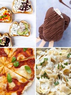 four pictures with different types of food on them, including pizzas and desserts