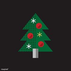 a green christmas tree with red balls and snowflakes on it, against a black background