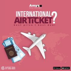 an advertisement for the international air ticket with a plane and passport in front of it