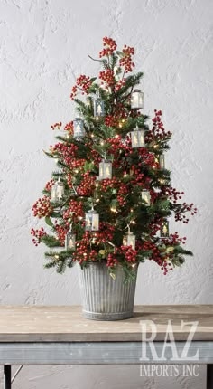 a potted christmas tree with red berries and lights on it is sitting on a table