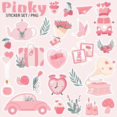 the pink sticker set is full of cute things and flowers, such as roses, hearts