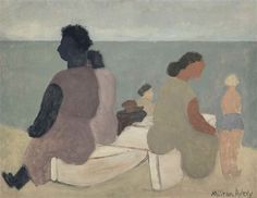 two women sitting on a bench near the ocean, one woman is holding a baby