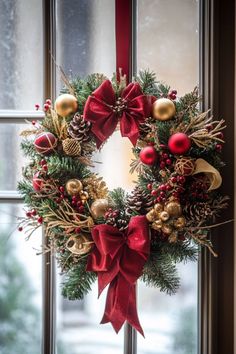 Festive Christmas wreath with red ribbons, gold ornaments, pinecones and green foliage hanging on a window. Christmas Porch Decorating Ideas Simple, Unique Christmas Wrapping Ideas, Unique Christmas Wrapping, Christmas Wrapping Ideas, Lego Christmas Tree, Homemade Christmas Wreaths, Photo Wreath, Christmas Wreath Ideas, Wreath Alternative