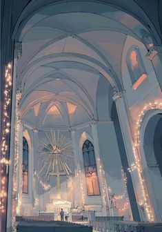 the inside of a church with lights on it