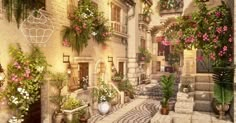 an image of a courtyard with flowers and plants on the walls, in front of a building