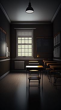 an empty classroom with desks and chalkboards on the wall, in dark lighting