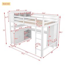 the loft bed with desk underneath is measurements for each bunkbed and features an additional storage compartment