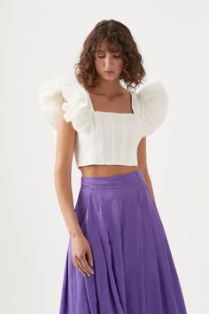 Shop the Orbit Sculptural Pleated Top in Ivory online at Aje. Free Express Shipping available in Australia Over $150. Easy and fuss-free returns. Tiered Sleeve, Tie Back Top, Crop Tops Online, Midi Flare Skirt, Puff Sleeve Crop Top, Girls Wardrobe, Sleeveless Crop Top, Ruffled Sleeves