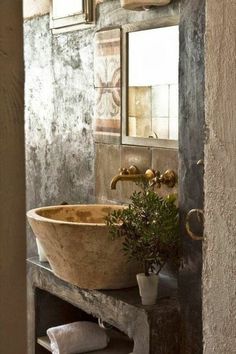 a bathroom sink sitting on top of a counter next to a mirror and potted plant