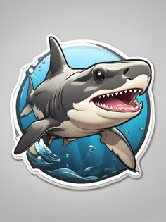 a shark sticker with an open mouth and teeth on it's back side