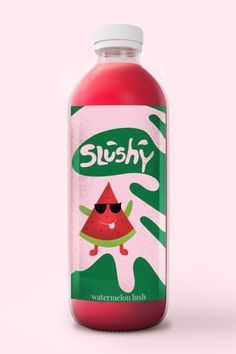 a bottle of slushy watermelon juice on a pink background with the word slushy printed on it