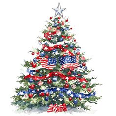 a christmas tree decorated with red, white and blue ornaments is featured in this watercolor painting