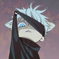 an anime character with white hair and blue eyes, wearing a black cloak over his head