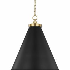 a black and gold pendant light hanging from a chain on an isolated white wall or ceiling