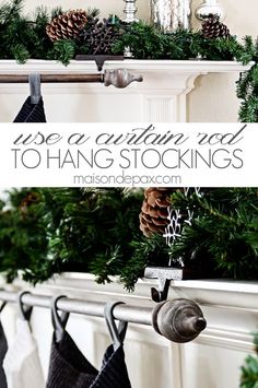 christmas stockings hanging from a fireplace with pine cones and evergreens on the mantel