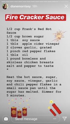 a fire cracker sauce recipe is shown on an iphone screen, with the text below it