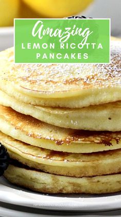 stack of lemon ricotta pancakes on a white plate