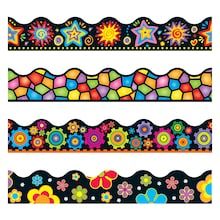 three colorful borders with flowers, stars and circles on black background stock photo - budget conscious