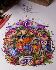 a drawing of an owl house surrounded by flowers