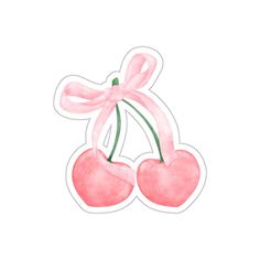 two cherries with pink ribbon tied around them